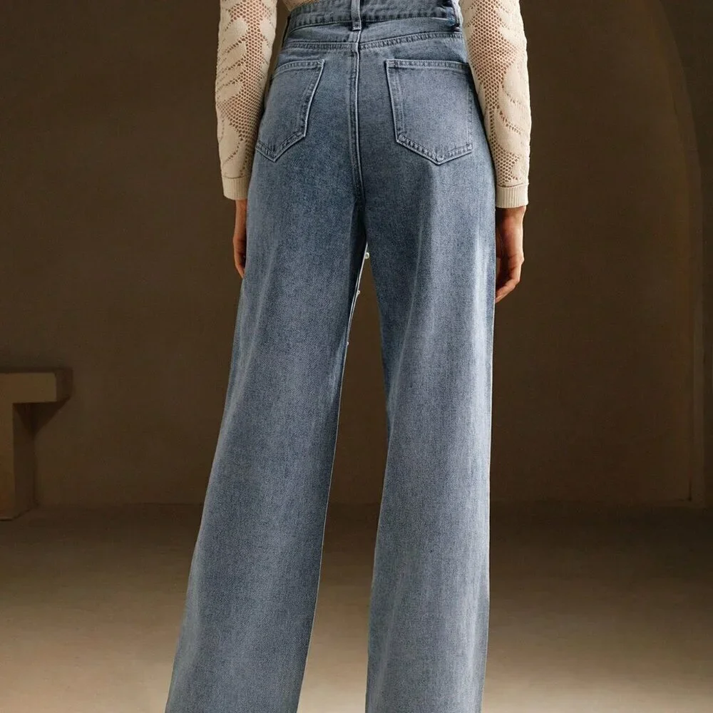 Blue Casual Women's High Waist Pearl Embellished Straight Loose Wide Leg Jeans